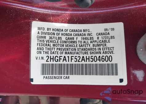 2010 Honda Civic Lx z USA, uszkodzony, nr VIN 2HGFA1F52AH504600